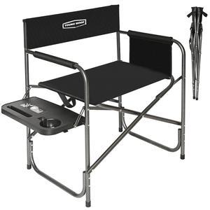 YOUNG WORD 캠핑 디렉터 의자, 야외 캠핑, 잔디밭, 피크닉, 낚시를 위한 사이드 테이블과 수납 포켓이 있는 가벼운 오버사이즈 휴대용 접이식 의자, 400파운드(블랙) 지원