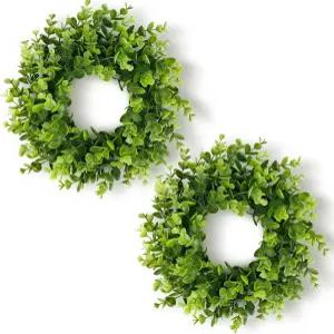 DDHS 11인치 인조 박스우드 현관문용 작은 화환 녹색 잎 2팩 실내용 봄 여름 미니 행잉 월 윈도우 웨딩 홈