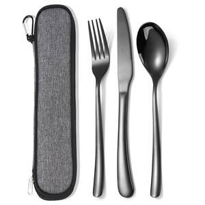 MURRI&MURRDI 여행용 스테인리스 식기 세트 1인용, 재사용 가능한 플랫웨어 세트, 작업용 캠핑용 실버웨어 나이프 포크 숟가락 3피스, 블랙