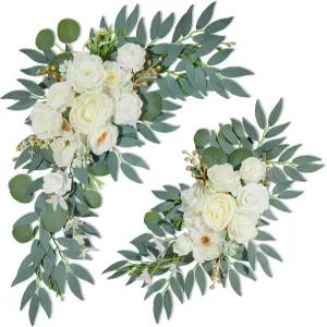 웨딩 아치 플라워 2팩 스탠드 갈랜드 야외 장식용 플로럴 스웨그 및 의자 등 섬 재사용 가능. 화이트