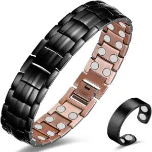 남성용 시그마 구리 팔찌 3800 가우스 자석이 장착된 순수 및 반지 세트 사이즈 조절 도구(더블 로우