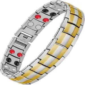 페라코 남성 마그네틱 팔찌 티타늄 스틸 4열 자석 은색 더블 골드 라인