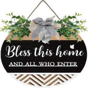 이 집과 나무 현관문 간판 장식 걸이 크리스천 홈 현관 벽 환영 활 매듭 화환 선물이 포함된
