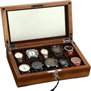 남성용 유리 뚜껑 호두 컬렉션 케이스가 있는 Bescott 솔리드 우드 워치 박스 8 슬롯 고급 목재 디스플레이