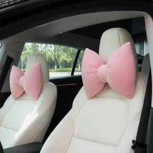 마카리 2개 자동차 목 베개 벨벳 보우 머리 받침대 부드럽고 편안한 좌석 지지 귀여운 액세서리 운전자