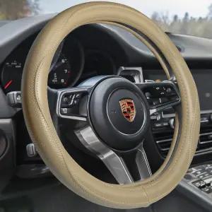 HAOKAY 최상위 등급 베이지 순정 가죽 스티어링 휠 커버 남성 고급 자동차 SUV 및 트럭 유니버설