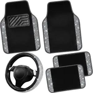 CAR PASS 블링 다이아몬드 가죽 스티어링 휠 커버 14.5인치 바닥 매트 빛나는 라인스톤 카펫 반짝이는