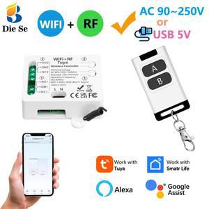 투야 WiFi RF 스마트 스위치 AC 110V 220V 2채널 건식 접점 릴레이 및 433MHz 무선 리모컨, 구글 어시스턴