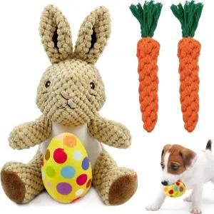 Hlimior 4개 부활절 강아지 스퀴커 장난감 세트 플러시 래빗 와 로프 당근 씹기 놀이 시간 치아 청소 및