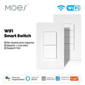 MOES Tuya Wi-Fi 스마트 버튼 벽 스위치(미국 단일 라이브/중립선), Alexa 및 Google 홈과 함께 작동, 중립