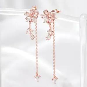로즈골드귀걸이 골드필드 핀 큐빅 플라워 롱 드롭 일자침 귀걸이 14K