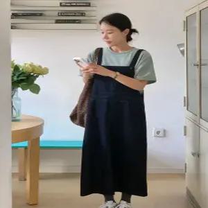 우드버튼 진청 데님 포켓 멜빵 원피스 (one color)