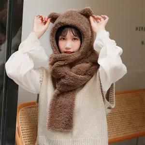 [비투비월드]곰돌이 후드 목도리 후드형머플러 뽀글이목도리