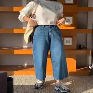 7587 진청 뒷밴딩 크롭 와이드 데님