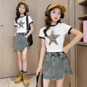 여아 주니어 스타그레이 여름 반팔 데님 치마바지