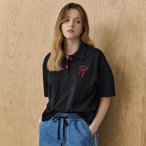 [MAXZA] 리본 자수 볼륨소매 카라넥 반팔 티셔츠