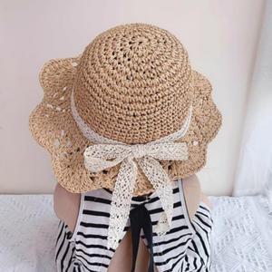 레이스 리본 라탄 밀짚 어린이 유아 챙 자외선차단 휴양지 왕골 모자 키즈모자