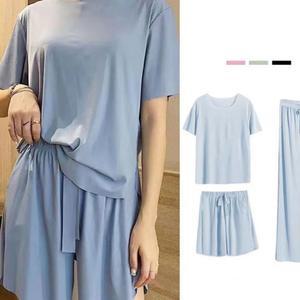 여성 홈웨어 3종세트 실크 잠옷 아이스쿨링 반팔티 긴바지 반바지 3P 세트