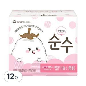 좋은느낌 순수 울트라 중형 저자극 생리대 실속형 날개형 18개입 12개