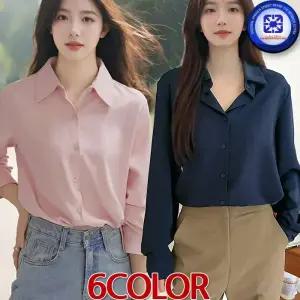 여성 봄가을 피렌체 링클프리 스판덱스 올매치 긴팔 셔츠 무지 심플 캐주얼 블라우스 학생 직장인 남방 6칼라/4