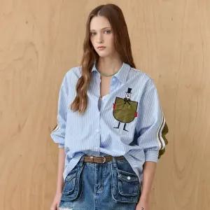 [MAXZA] 포켓자수 배색 스트라이프 셔츠 블라우스