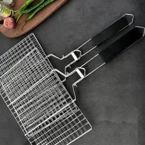 스텐 양면 석쇠 그릴 우드 손잡이 접이식 석쇠판 바베큐 생선구이 캠핑 차박