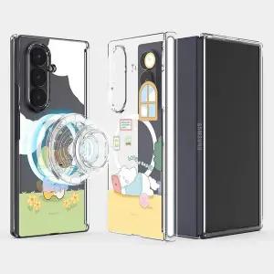 갤럭시 Z폴드 6 7 먀오 프렌즈의 하루 고양이 오토 힌지보호 클리어 하드 맥세이프 케이스