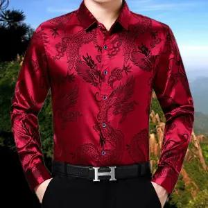 고급 남성 라틴 댄스복 용무늬 용 장식 상의 셔츠 남자 실크 무대 의상 라인
