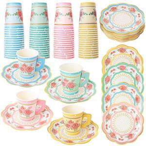 Ovveroche 60세트 /120개 꽃무늬 종이 찻잔 및 접시 9온스 일회용 생일 결혼식 정원 파티 장식용