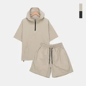 스콰즈 여성 여름 아노락 하프집업 스트링 반팔 트레이닝 후드세트 SFREE002