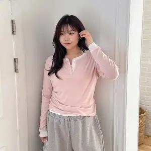 [빅사이즈]이블렛 모니덴 배색 스티치 버튼 티셔츠 제이스타일