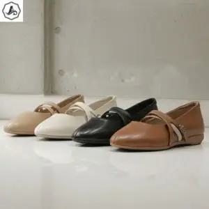 [애슬릿] 메리제인 플랫 슈즈 소가죽 크로스 스트랩 키높이 4cm