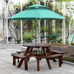 앤틱 월넛 원목 일체형 야외 테이블 벤치 의자 세트 파라솔 방부목 원형 카페 펜션 6-8인용