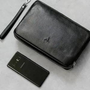 남성 가죽 클러치 손목 지퍼 파우치 남성 클러치 백 가방 스트랩 휴대용 소가죽 토트 천연