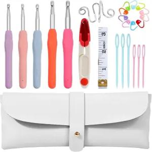 크로셰 후크 세트 6.5mm 인체공학적 코바늘 키트 가죽 케이스 포함 화이트