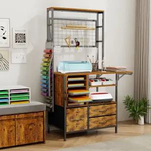 ARTETHYS 크래프트 수납 정리함 갈색 테이블과 서랍 비닐 롤 홀더가 있는 접이식 책상 겸용 재봉