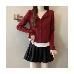 마킷3 여자 면 투피스 긴팔 가짜 코트 상의 봄가을 브이넥 콤비네이션 얇은 티셔츠 빅사이즈 JEN3