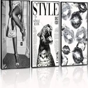 3Pcs 트렌디한 흑백 레오파드 캔버스 월 아트 빈티지 뉴스페퍼 치타 데코 패션 걸 포스터 힐 립 사진 고급