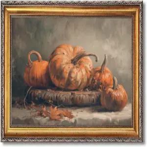 LEKDRA 빈티지 호박 유화 포스터 수평 소박한 가을 스틸 라이프 월 아트 레트로 골드 프레임 캔버스 프린트