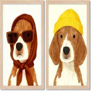 앤레 액자형 개벽 아트 캔버스 프린트 귀여운 비글 개 그림 세트 단단한 나무 프레임과 아크릴 커버가 있는