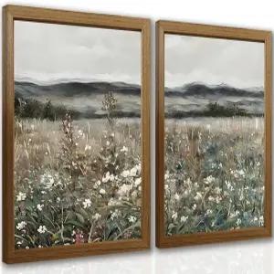 빈티지 풍경 액자 캔버스 월 아트 세트 2개 초원 꽃 프레리 페인팅 거실 침실 욕실 사무실을 위한 레트로