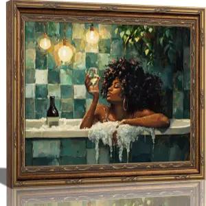 패션 걸 욕실 벽 장식 마티니 페인팅 12x16인치를 위한 액자형 트렌디한 아트 흑인 여성 욕조 포스터