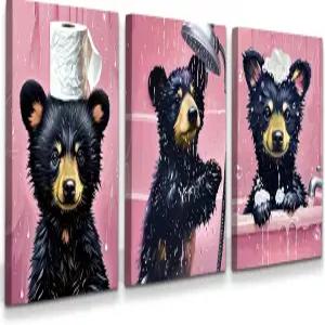 QPOKLAF 베어 월 아트 캔버스 프린트 핑크 욕실 벽 장식 동물 액자 포스터 페인팅 그림 화장실 아트워크