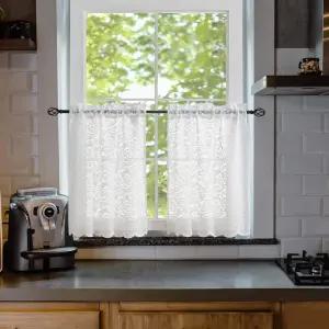 ALIGOGO 화이트 카페 커튼 24인치 길이 캠핑용 시크 플로럴 레이스 작은 2개 세트 창문 지하 패널 2피트