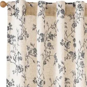 라지 블랙 플로럴 린넨 커튼 63인치 농가 백탭 거실 침실 조명 필터링 빈티지 그랜드 밀레니얼 로드 포켓