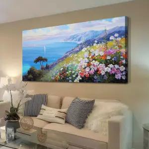 에나틀리 블루 해안 벽 아트 캔버스 오션 시스케이프 페인팅 풍경 꽃 다채로운 텍스처 아트워크 거실 침실
