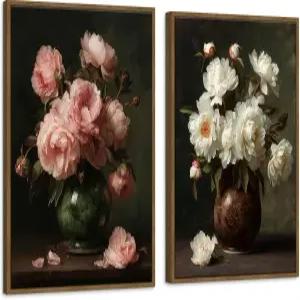 침실 거실용 다크 플로럴 빈티지 모란 벽 아트 식물 캔버스 꽃 학계 인쇄물 클래식 무디 장식 - 프레임