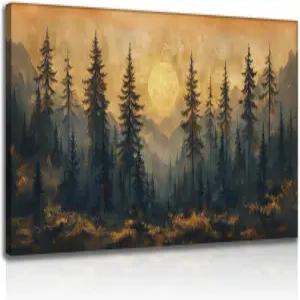 대형 산악 숲 일몰 풍경 캔버스 월 아트 초록 보호 소나무 그림 데코 빈티지 자연 시골 산 포스터 해와 달