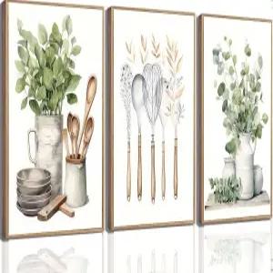 3Pcs 세이지 그린 농가 주방 캔버스 벽 아트 미니멀리스트 다이닝 룸 유칼립투스 잎 식물 페인팅 그림 장식