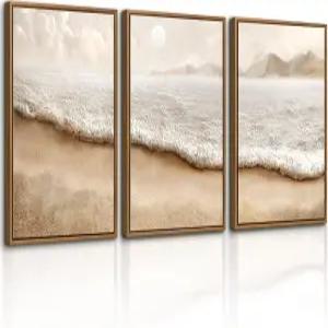 WENGTIO 3PCS 보호 비치 액자 캔버스 월 아트 프린트 중립 해안 포스터 그림 벽을 위한 현대 일몰 풍경화
